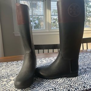 Tory Burch brown and black rain boots